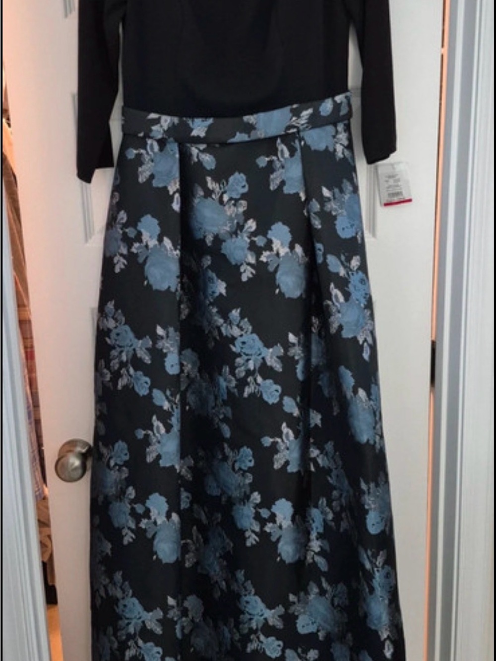 Oleg Cassini Black Maxi Skirt with Blue Floral Jacquard